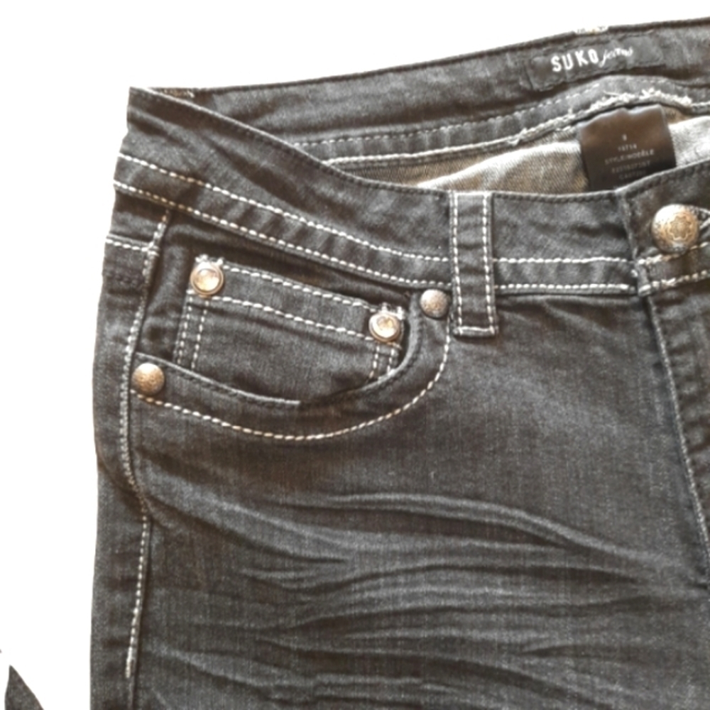SUKO JEANS Bootcut Womens Size 8 Dark wash Embellished with stitching Rhinestone - Picture 3 of 12